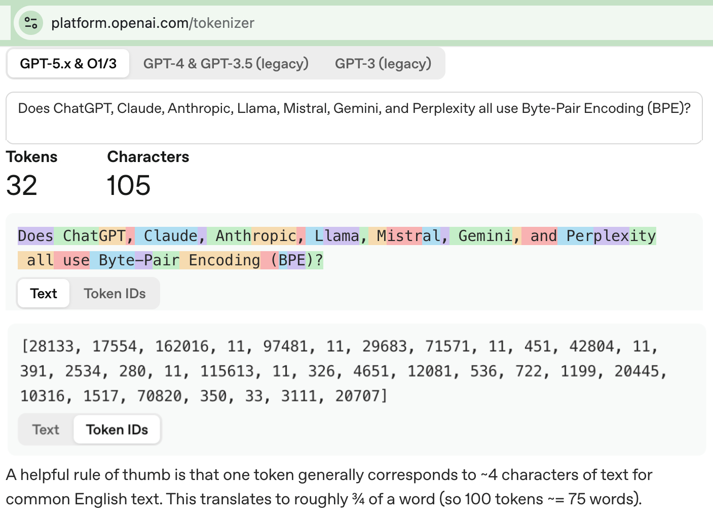 Screenshot of the OpenAI tokenizer showing the sentence about BPE split into 32 tokens across 105 characters, with tabs for GPT-5.x, GPT-4, and GPT-3 tokenizers.